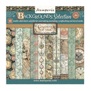Stamperia 'Gardens of Time' paper pack with decorative patterns and text on a teal background