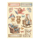 Collection of baby-themed illustrations including teddy bears, a baby carriage, and text indicating 'It's a Girl!' and 'It's a Boy!'.