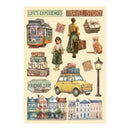 Illustration of travel-themed elements including a trolley, car, and people with luggage on a beige background.