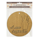 Round MDF blank with 'A new beginning' text and handprint design, branded 'Craft Shapes' by Stamperia.