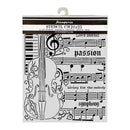 Music-themed stencil with musical notes and a violin on a white background