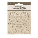 Decorative chips with heart, teddy bear, and text design on a beige background