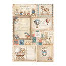 Decorative paper sheet with teddy bears, hot air balloons, and other baby-themed illustrations on a white background.