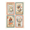Four illustrated cards featuring mice with text and decorative elements on a white background.