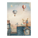 Illustration of two mice on a rooftop with hot air balloons in the sky.