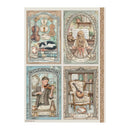 Set of four decorative panels with musical-themed illustrations on a white background.