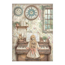 Vintage-style illustration of a girl playing an old piano with decorative elements like clocks and plants.