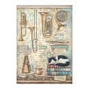 Cat sleeping on books with musical instruments and decorative elements in the background