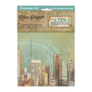 Packaging of Stamperia rice paper backgrounds with cityscape design and 'A New Beginning' text.
