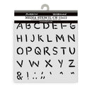 Stamperia media stencil with alphabet and symbols on a white background