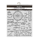 Mathematical stencil with equations and geometric shapes on a white background