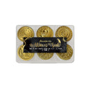 Set of gold wax seals in a white display box with a label on a white background