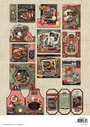 Collection of BBQ-themed cards and decorations on a textured beige background