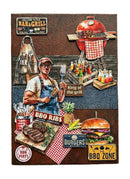 Decorative sign with a barbecue theme featuring a man, grill, and food items.