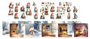 Collage of gnomes and winter-themed scenes with cottages and fireplaces.