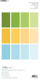 Color swatch card with green, yellow, and blue shades on a white background