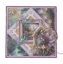 Decorative card with butterflies, flowers, and a castle scene on a white background