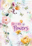 Floral design with butterflies and text 'Say it with Flowers' on a colorful background