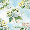 Floral design with hydrangeas, butterflies, and a message card on a light blue background.