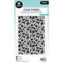 Packaging of clear stamps with black floral pattern on a white background