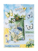 Card with butterflies, flowers, and a clipboard design on a blue and yellow polka dot background.