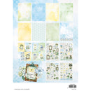 Collection of floral and nature-themed paper sheets with decorative elements on a blue and white background.