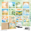 Collection of scenic stickers with a spiral-bound notebook on a matching background