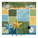 Studio Light Christmas Paper background paper pack featuring 12 double-sided patterns in festive green, blue, and yellow tones, with two star graphics and a 'Background paper' label.