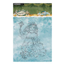 Studio Light Christmas Craze stamp set featuring a line-art illustration of a girl in a flowing dress holding a lantern, set against a light blue snowflake patterned background.