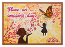 Card with silhouettes of a boy and girl holding hands, surrounded by butterflies and flowers with 'Have an amazing day' text.
