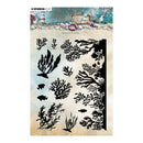 Set of black seaweed and coral designs on a beige background with a coastal scene at the top.