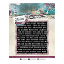 Sticker sheet with text and decorative elements on a scenic background