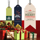 Three Christmas-themed gift tags with decorative ribbons and presents in the background.