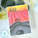 Card with 'faith can move mountains' text and cross design on a colorful background.