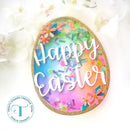 Colorful 'Happy Easter' design with flowers on a white background, featuring the Trinity Stamps Creative Team logo.