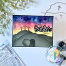 Easter card with cross designs and 'Happy Easter Sunday' text on a watercolor background.