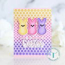 Card with colorful Easter bunnies and 'enjoy the sweetness of Easter' text on a polka dot background.