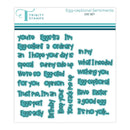 Collection of Easter-themed text stamps with teal ink on a white background, featuring the brand 'Trinity Stamps'.