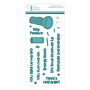 Set of teal stamps with motivational phrases and graphics on a white background