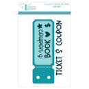 Teal die-cut stamp with 'Coupon Book Builder' text and 'Trinity Stamps' branding on a white background.