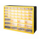 Yellow and black storage cabinet with multiple transparent drawers on a white background