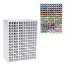 White storage rack with multiple compartments on a white background