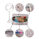 Storage basket with yarn and knitting tools, surrounded by close-up details on a white background