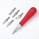 Red-handled tool with interchangeable metal attachments on a white background