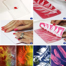 Collage of a person making a feather stamp with ink and showing the results.