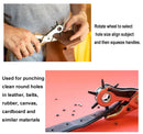Punch tool being used on leather with text instructions and additional use examples.