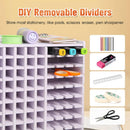 White storage organizer with stationery items on a beige background, featuring text about DIY removable dividers.
