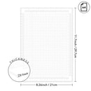 Grid paper with dimensions and thickness measurement on a white background