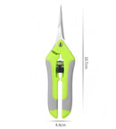Green and gray gardening shears on a white background with measurements indicated.