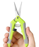 Hand holding a pair of green and gray garden shears on a white background